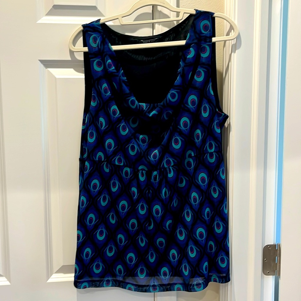 APT. 9 peacock print XL sleeveless drape neck black sheer top tunic blouse EUC